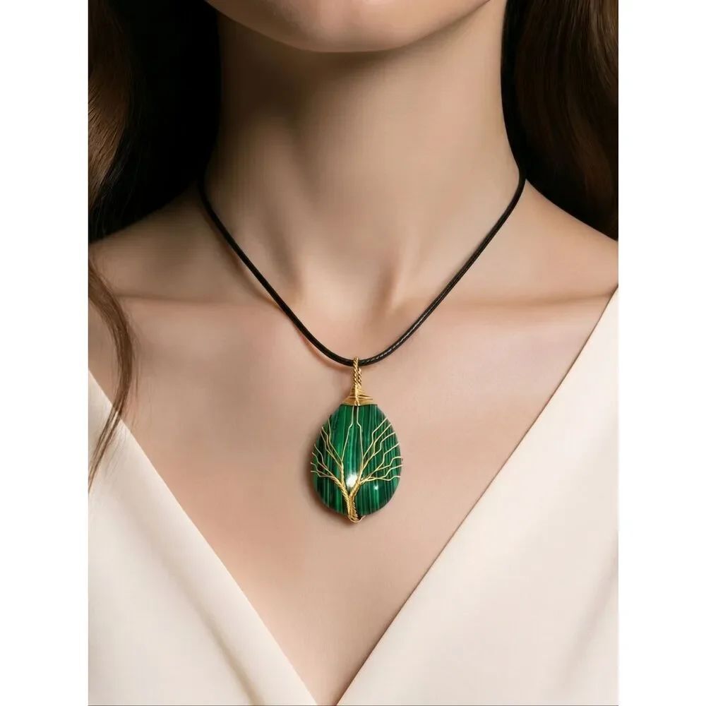 Natural Malachite Tree of Life Necklace Gold Wire Wrapped Green Crystal Pendant
